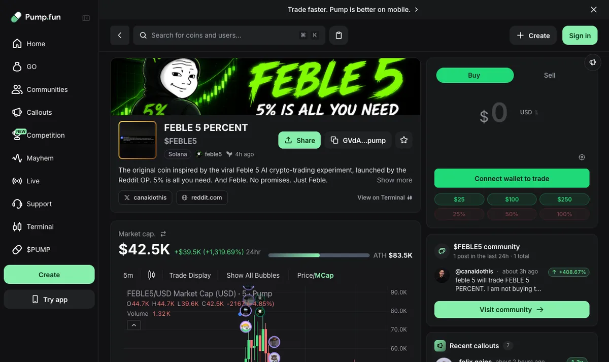 The exact FEBLE 5 PERCENT coin page on Pump.fun